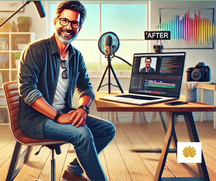 „Ein Mann Mitte 40 sitzt an einem modernen Schreibtisch mit Laptop und Technik-Equipment. Er lächelt, auf dem Bildschirm sind farbige Codezeilen zu sehen. Symbol für Selbstverwirklichung im Online-Business.“