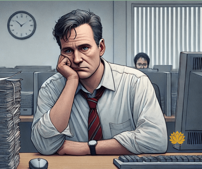 „Ein Mann Mitte 40 sitzt erschöpft an einem grauen Schreibtisch im Büro, Aktenstapel und monotone Umgebung. Sein Gesicht wirkt frustriert – Symbol für fehlende Erfüllung im Job.“