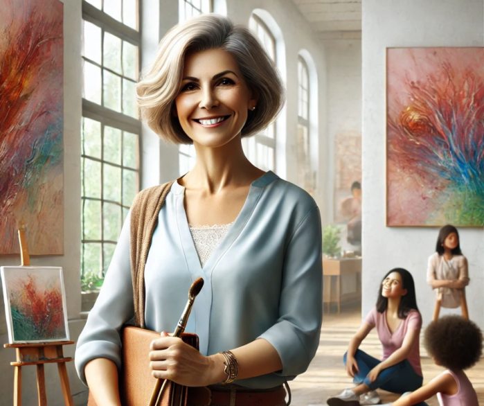 „Eine Frau Mitte 50 steht stolz in einer hellen Galerie vor bunten abstrakten Gemälden. Sie lächelt selbstbewusst und hält einen Pinsel. Im Hintergrund sitzen Kinder und Erwachsene, die sie in einem Workshop begleitet. Symbol für künstlerischen Erfolg und Inspiration.“