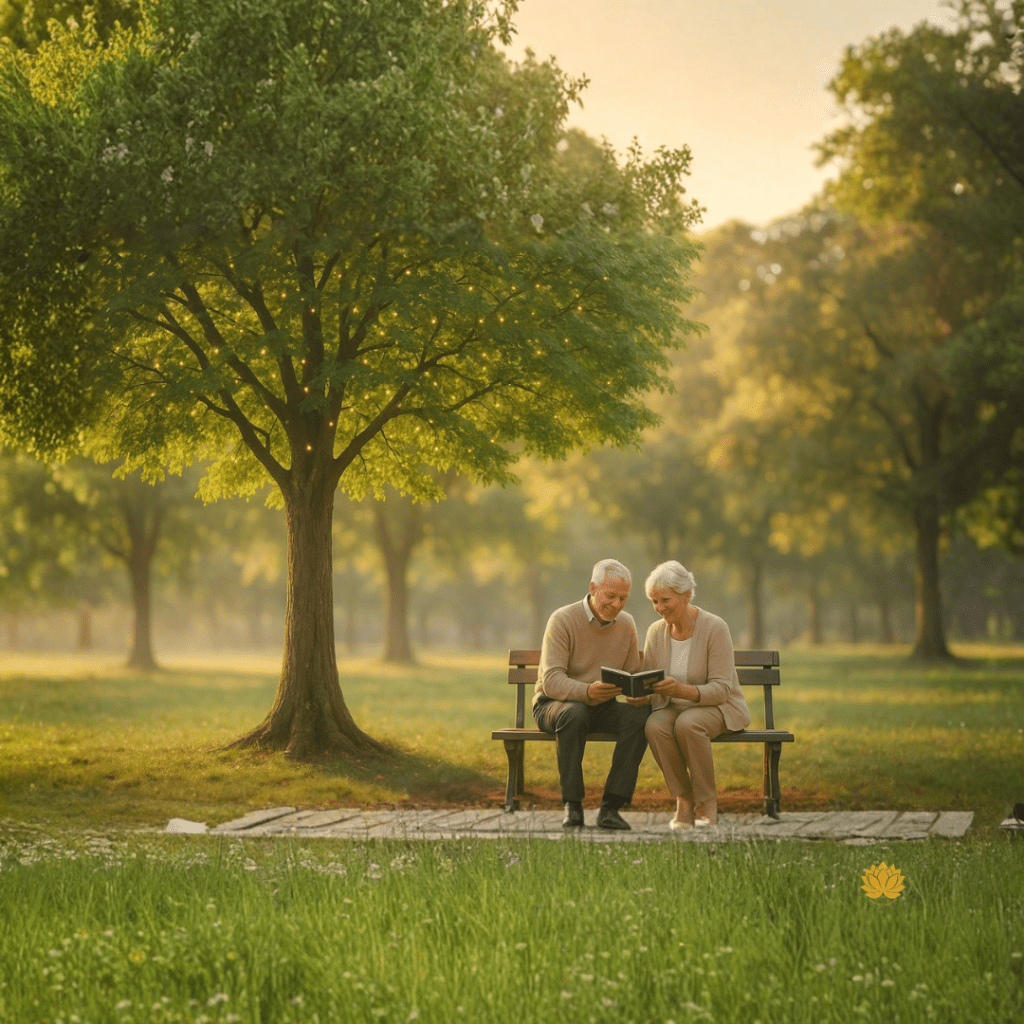 „Älteres Paar blättert im Fotobuch unter einem Baum; weiches Morgenlicht, ruhige Parkszene.“
Das Programm richtet sich vor allem an die Generation 60+, denn geistige Fitness ist keine Frage des Alters