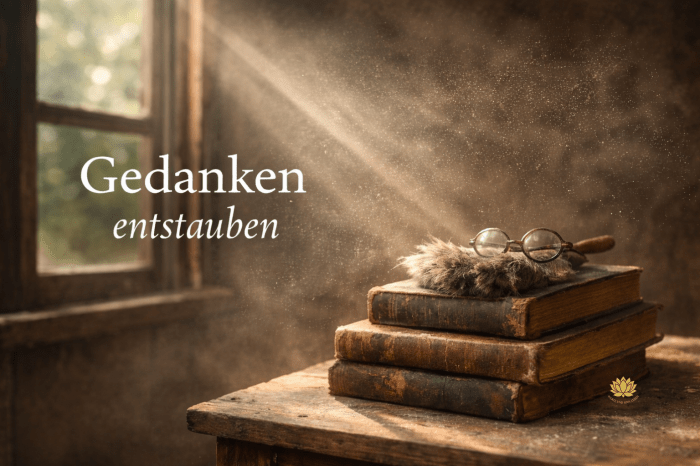 Ruhiges Titelbild mit alten verstaubten Büchern auf einem alten Holztisch, warmes Licht, Text „Gedanken entstauben“.