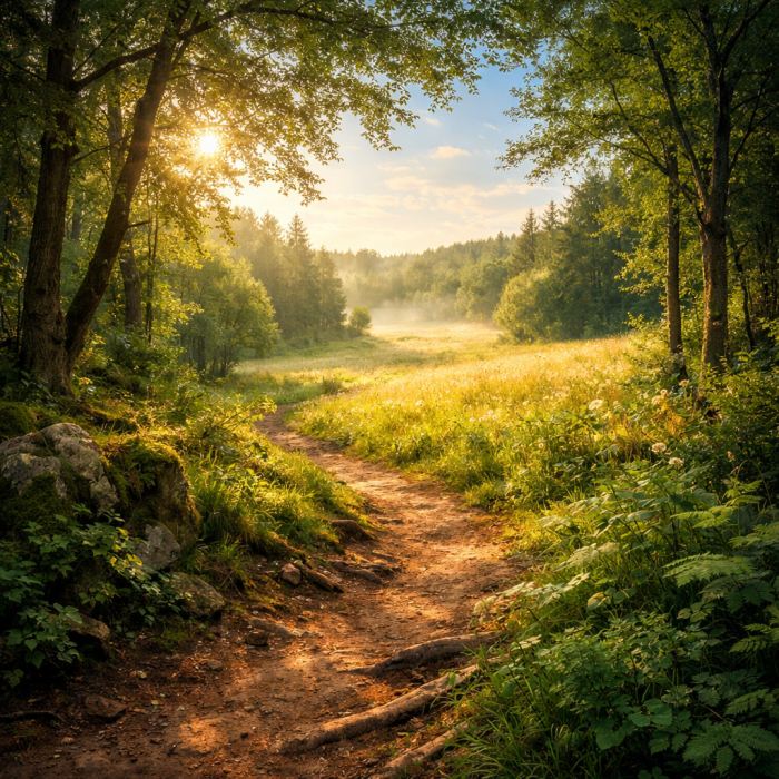 Ein friedlicher Feldweg schlängelt sich am frühen Morgen durch eine sonnendurchflutete Waldlichtung.
